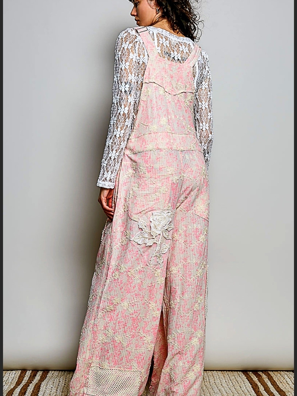 POL Pink Lace-Appliqué Embroidered Overalls - Picture 5 of 11